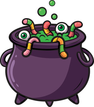 Colorful cartoon halloween witch cauldron filled with green potion eyeballs and worms spooky eyes magic pot witch brew spooky bubbles halloween illustration white background witchcraft