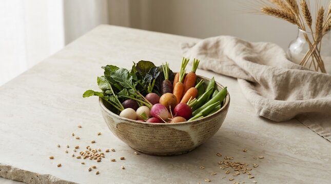 Fresh garden vegetables in a rustic ceramic bowl on a light stone kitchen table surface with vegetables