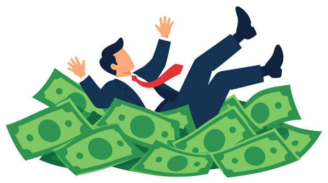 Businessman in a navy suit falling backward with flailing arms into a deep protective mound of oversized green banknotes, financial safety net and bankruptcy rescue vector illustration