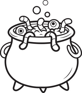 Black and white outline coloring page of a witch cauldron with potion and eyeballs line art illustration of a halloween cauldron ready to be colored by children white background eyeballs halloween