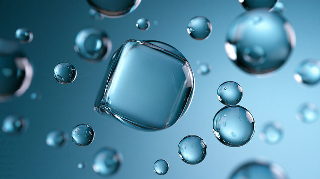 Cube Shaped Water Droplet Floating Among Spherical Bubbles