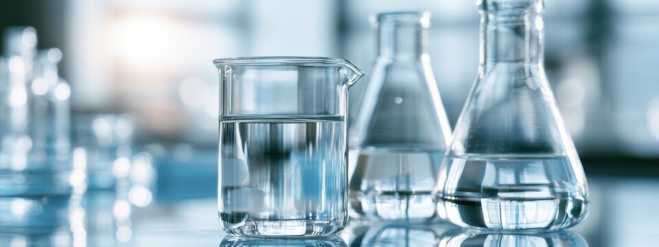 Clear glass beakers and flasks with water in a laboratory setting during daylight hours
