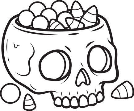 Black and white outline coloring page of a human skull filled with candies line art skull bowl halloween candy corn white background halloween children activity printable education