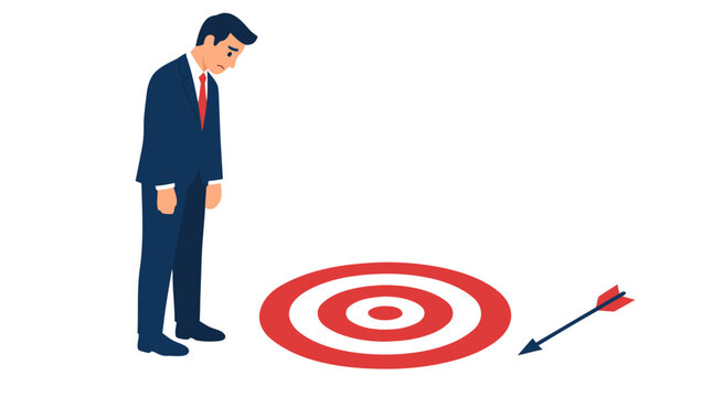 Disappointed Businessman in Dark Blue Suit Standing Over Circular Red and White Target with Missed Arrow on Floor Flat Design Clean Vector Illustration Business Failure Missed Goals Concept