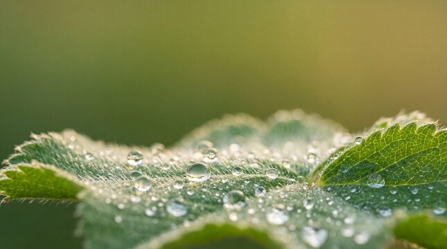 Sparkling Morning Dewdrops on Green Leaf in Sunlight