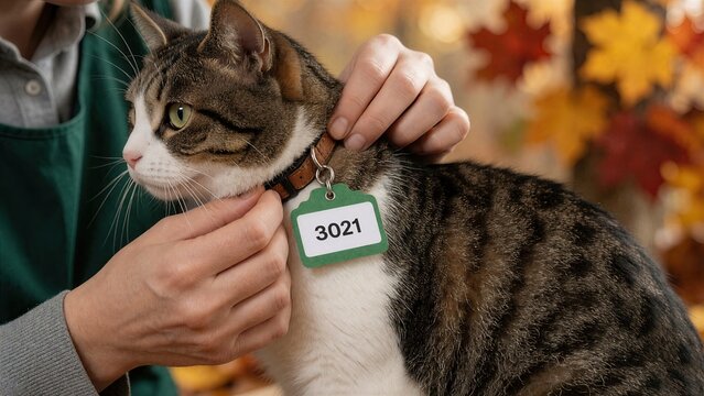 Shelter Cat with Identification Number Tag on Collar Held by Veterinarian Hands in Autumn Setting, Animal Welfare and Adoption Concept