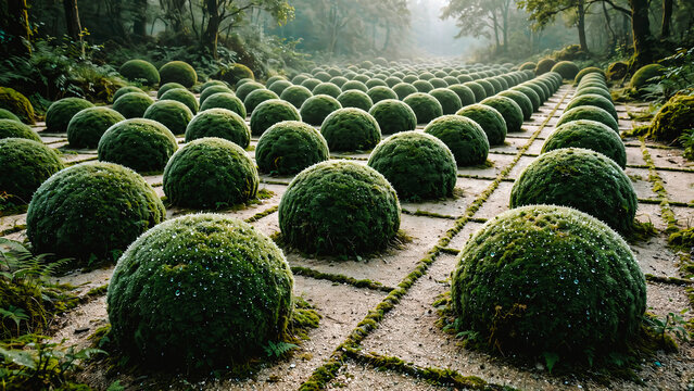 Jardin &eacute;trange avec boule de buis align&eacute;es