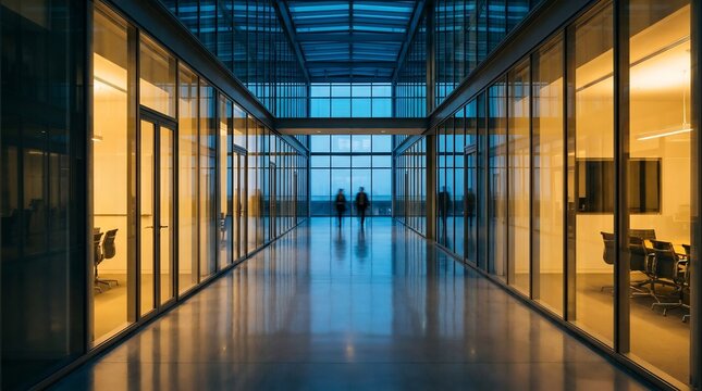 Blurred silhouettes of professionals walking down a modern glass office corridor at twilight