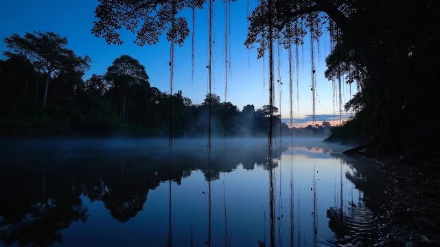 Calm Amazon Riverbank at Twilight with Mist Drifting Over Reflective Water