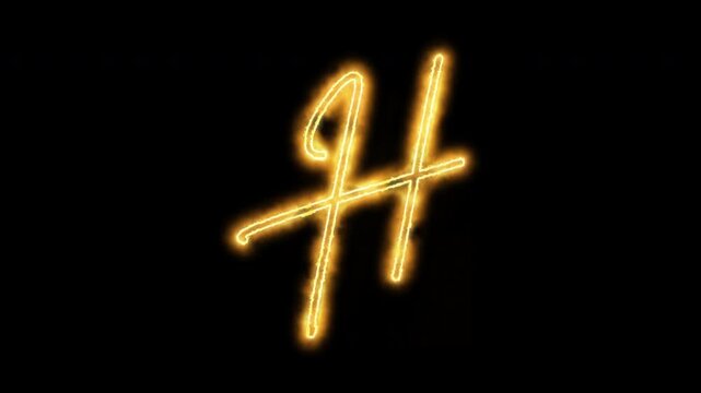 Glowing neon letter h animation, golden electric energy alphabet character, isolated on black background