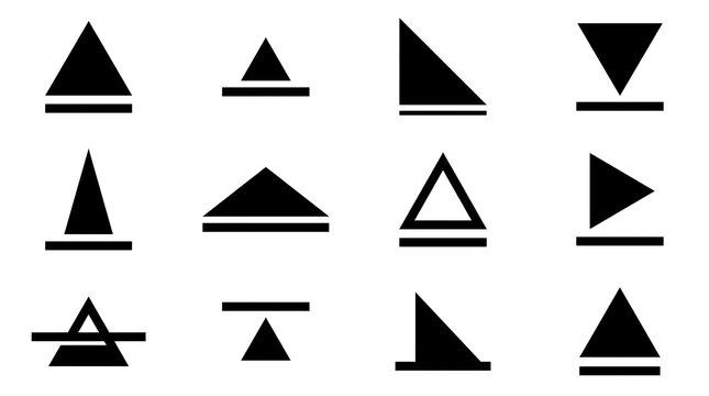 Minimalist geometric triangle icons set, black abstract alchemy symbols on white background, collection of 12 modern graphic design elements