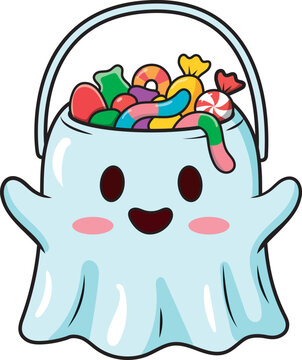 Cute ghost shaped halloween bucket filled with colorful sweet treats and gummy candies halloween candy trick or treat spooky season candy container autumn holiday white background cel