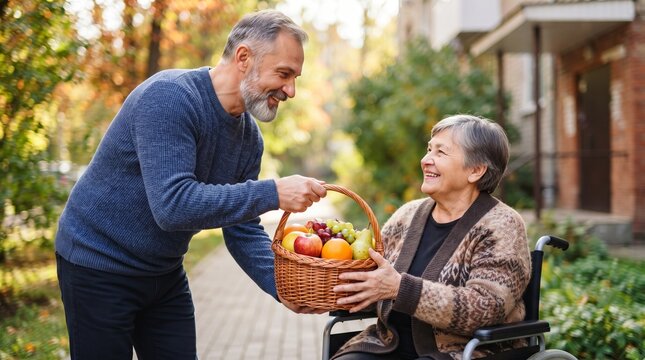 Smiling man volunteer giving basket of fresh fruit to happy senior woman in wheelchair outdoors. Charity help and support for elderly people