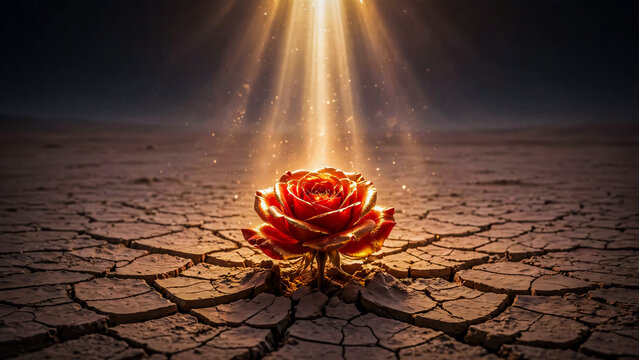 Rayon de lumi&egrave;re &eacute;clairant une rose rouge sortant de la terre craquel&eacute;e
