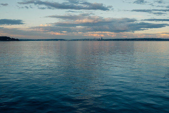 distant view of Seattle from ferry boat, puget sound
