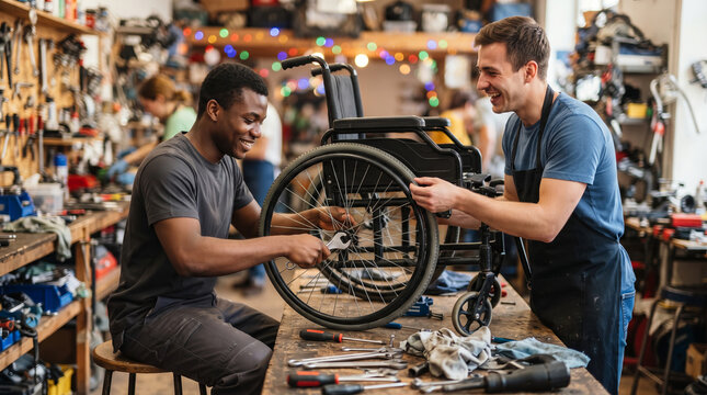 Two men repairing wheelchair together in workshop. Volunteers fixing wheel of mobility aid at workbench with tools. Charity and disability support concept for social care