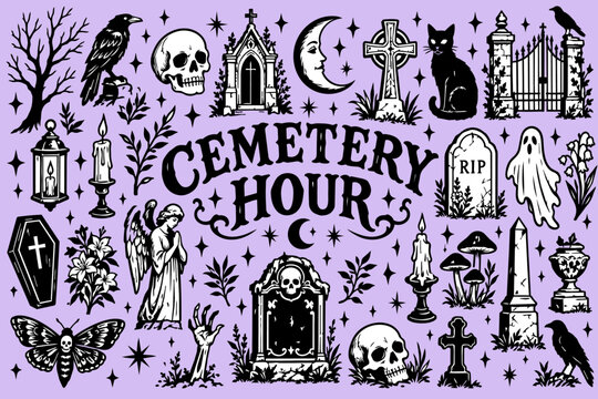 Cemetery hour black and white vector icon set of gravestones, whimsical witchcraft and graveyard illustrations 