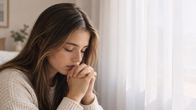 Close Up of Christian Woman Praying by Window, Faith, Hope and Peaceful Morning Devotion