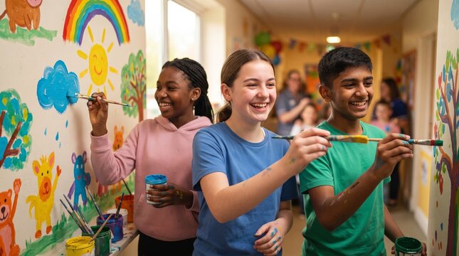 Happy teenagers painting colorful mural on wall with rainbow and animals. Diverse group of kids volunteering in community art project