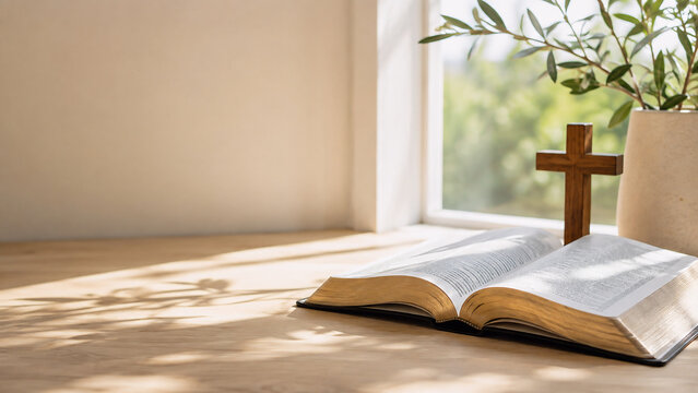 Open Bible with Wooden Cross by Window, Christian Faith, Scripture, Prayer and Personal Devotion