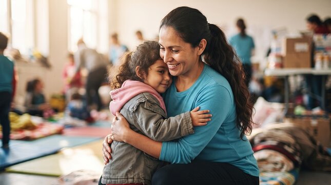 Woman volunteer hugging little girl at refugee shelter. Smiling mother embraces child in crowded community hall with people in background