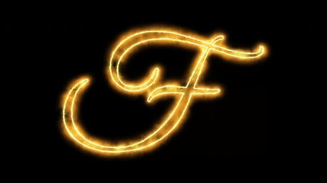 Animated letter f written in glowing golden fire on black background, alphabet typography flame