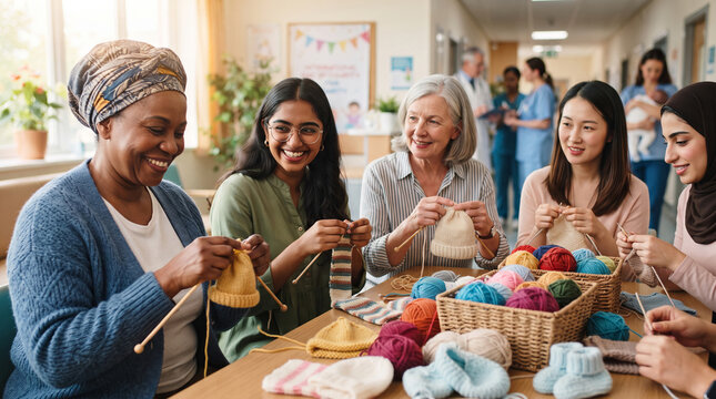 Diverse group of women knitting hats together for charity at hospital. Volunteers of different ages and cultures making woolen clothes to help those in need