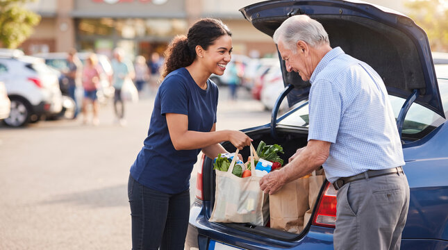 Smiling young woman volunteer helping senior man load grocery bags into car trunk at supermarket parking. Kind neighbor supporting elderly person with shopping