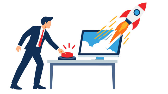 Businessman pressing glowing red launch button as rocket launches from computer monitor, startup go live concept, digital marketing vector illustration flat design - detailed commercial stock