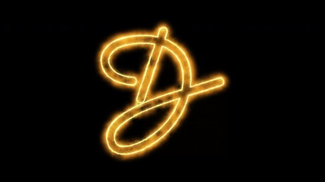 Glowing neon letter d animation, golden script alphabet character, isolated on black background