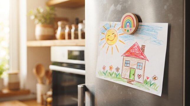 Child drawing of house and sun with rainbow magnet on fridge. Colorful kids artwork hanging in cozy home kitchen. Family love, childhood creativity and charity support concept