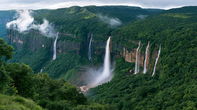 Nohsngithiang Falls cascade down lush green cliffs in Meghalaya during monsoon. Majestic tropical landscape perfect for travel and environmental conservation themes.