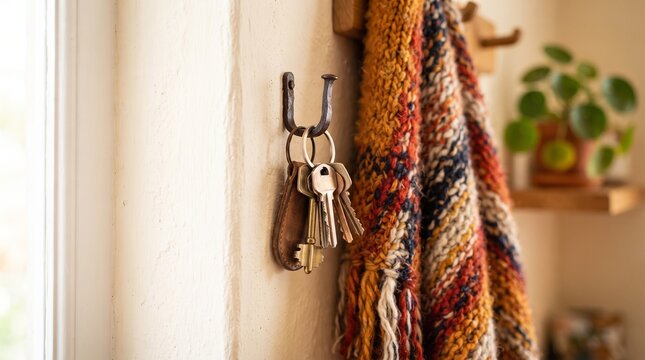 Metal key hanging on hook in cozy home hallway. Knitted scarf and houseplant create warm interior. Concept of shelter, charity housing and helping people in need