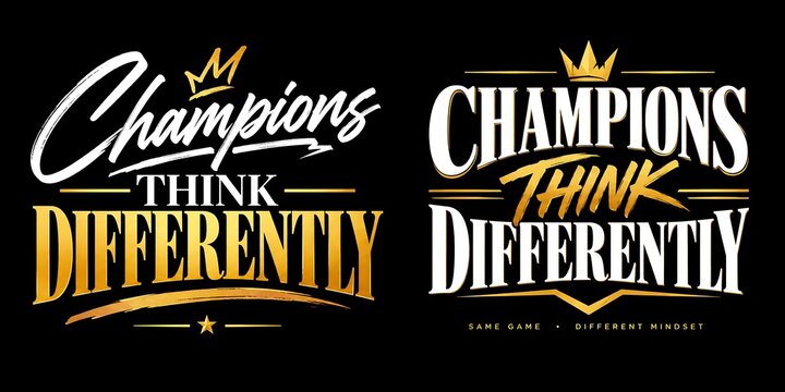 Motivational typography set with Champions Think Differently quote, gold and white elegant lettering on black background, luxury mindset slogans