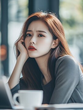 Pensive woman sitting in a cafe with a cup of coffee, lost in deep thought