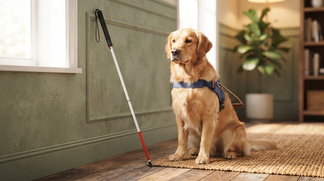 Golden retriever guide dog in blue harness sitting beside white cane at home. Trained assistance animal helping blind people. Charity, volunteering and disability support concept