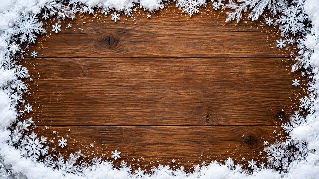 Snowflakes frame a rustic wooden surface creating a winter holiday background