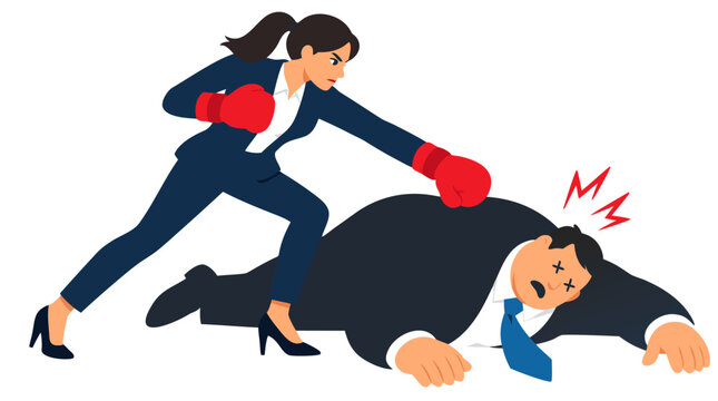 Determined businesswoman in red boxing gloves triumphing over defeated male competitor, corporate competition metaphor, women empowerment concept vector illustration flat design