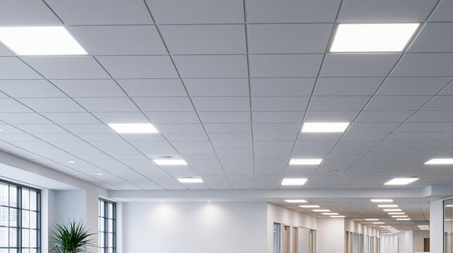 Modern office ceiling with bright led light panels and acoustic tiles. Commercial interior design background for architectural concepts.