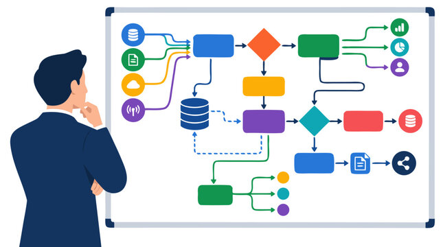Manager Analyzing Complex Flowchart Algorithm Data Streams Whiteboard Business Process Workflow Visualization Icons - professional high resolution commercial stock detailed commercial stock imagery