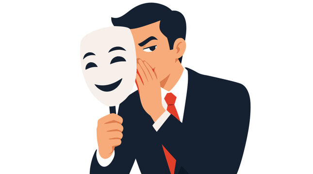 Sneaky Businessman Holding White Happy Theater Mask in Front of Face Whispering Behind It, Corporate Deception and Hidden Agendas Concept, Bold Flat Colors Vector - detailed commercial stock imagery