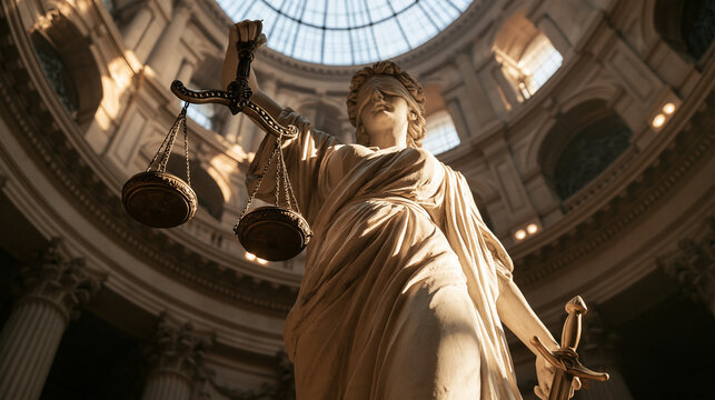 Low angle view of Lady Justice statue holding scales inside a grand courthouse rotunda. Perfect for legal and judicial concepts.