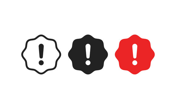Minimalist warning badge icons featuring exclamation marks in black and red colors