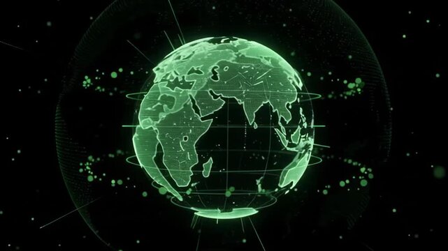 Holographic green earth globe spinning in digital cyberspace representing global data and technology
