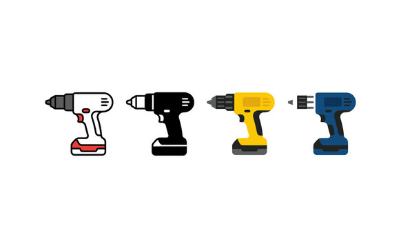 Modern cordless drill vector icons set in colorful flat design isolated on white