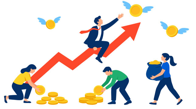 Businessman riding rising stock arrow graph catching flying gold coins with team collecting wealth growth success finance concept flat vector illustration - professional