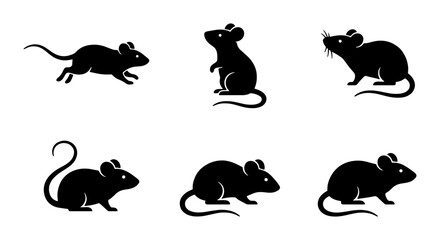 Fototapeta premium Set of Six Black Mouse Silhouettes, Vector Icons for Rodent, Pet, and Pest Control Concepts, Simple Animal Graphics