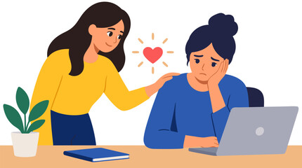 Fototapeta premium Empathetic young woman comforting sad stressed colleague at office desk with caring hand on shoulder showing workplace support and mental health care with glowing red heart vector illustration