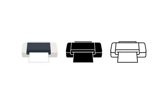 Minimalist printer icons set featuring flat silhouette and outline styles on white background