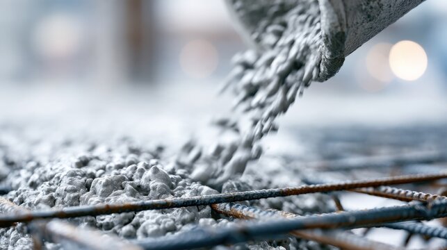 Pouring wet concrete onto a steel reinforcement structure. The grey concrete is flowing from a chute, covering the rebar laid out on a construction site